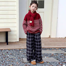 女童红色条纹毛衣秋冬2025新款中大童女孩套头针织上衣儿童冬装潮