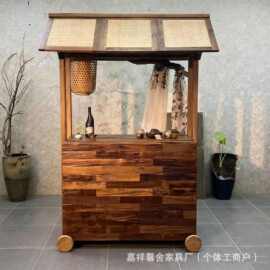 老榆木售货车户外夜市摊位货架可移动摆摊小吃车做旧中岛柜地摊车