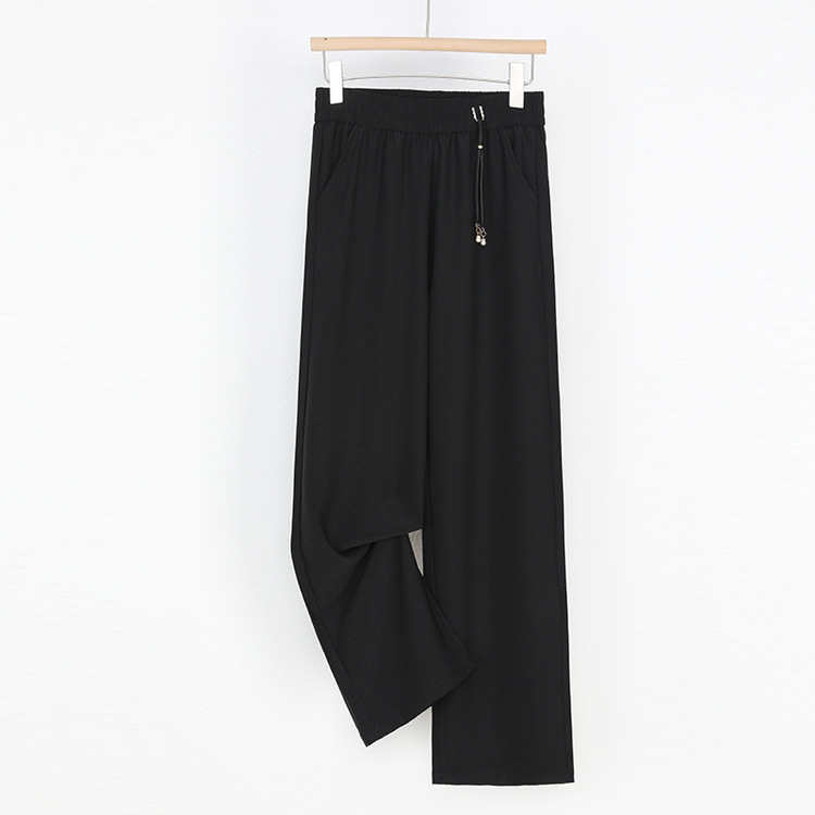 Summer Middle-Aged Women's Casual Cropped Pants, Mom Style Solid Color Elastic Waist High-Waisted Dangle Solid Color Wide-Leg Pants