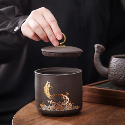 New ceramic purple sand jar tea jar tea sealed jar tea jar black tea Pu'er storage jar storage jar gift box
