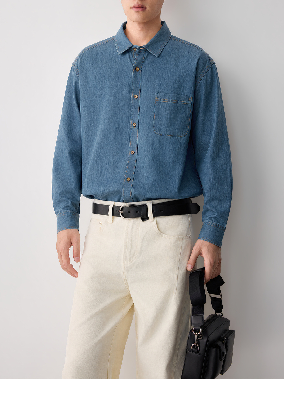 Áo sơ mi denim nam phong cách công sở, chất liệu cotton thoáng mát — màu xanh nhạt chi tiết 29