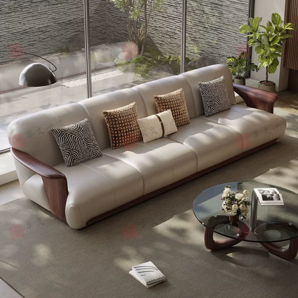 Huawen Shijia Black Walnut Solid Wood Sofa Set, Modern Light Luxury Living Room Large-Sized Home Straight-Row Sofa