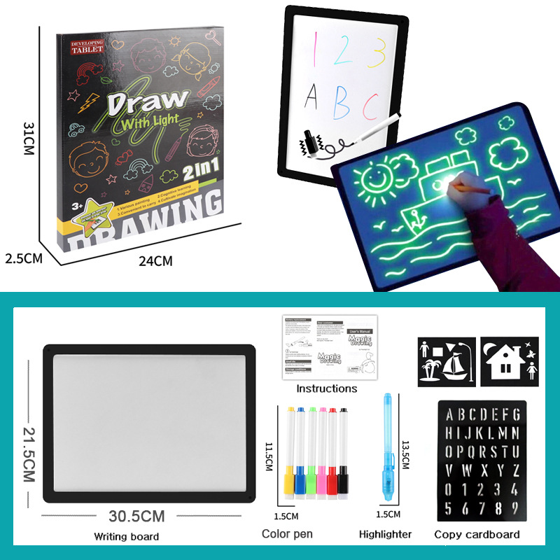 El tablero de dibujo fluorescente de la pintura libre de doble cara de los niños dos-en-uno dibuja con el tablero de escritura luminoso ligero