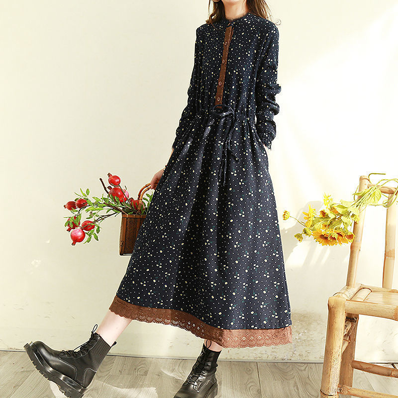 Real Shot of 2026 Spring and Autumn Women's Clothing, Retro Style Floral Lace Trim Long Dress with Waist-Cinching, Slimming, Loose Fit, Plus Size Dress