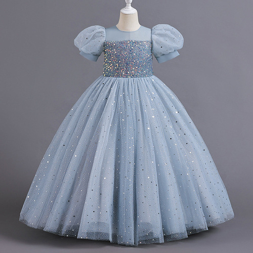 Children's ballgown princess dress European and American flower child bubble sleeve bustle dress girl host piano performance dress evening gown