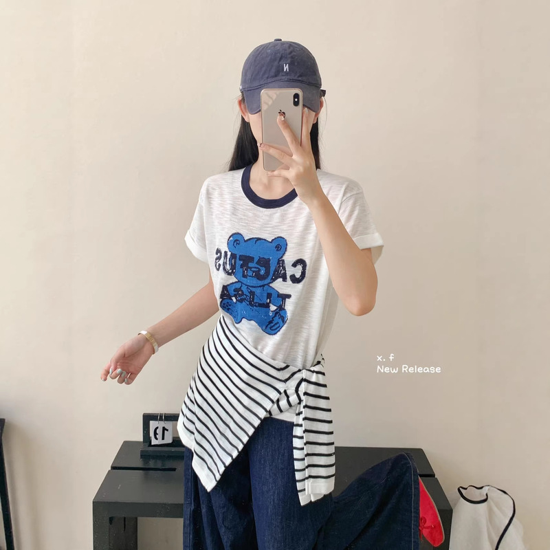 Cartoon Bear Letter Pattern Jacquard Round Neck Flutter Sleeve Ultra-Fine Skin-Friendly Linen Summer Women's Casual Fashion Knitwear