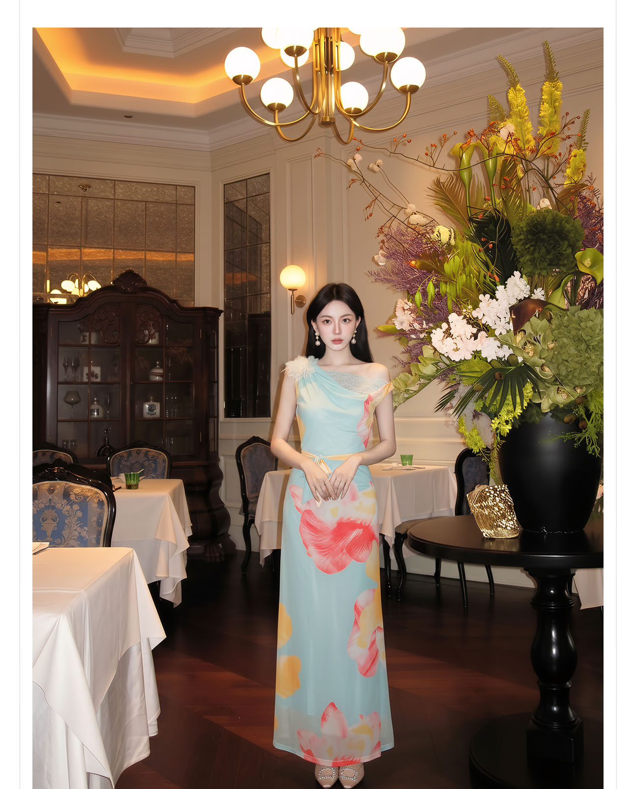 Đầm maxi nữ thắt eo phong cách tân cổ điển họa tiết in hoa dây rua — màu xanh nhạt chi tiết 10
