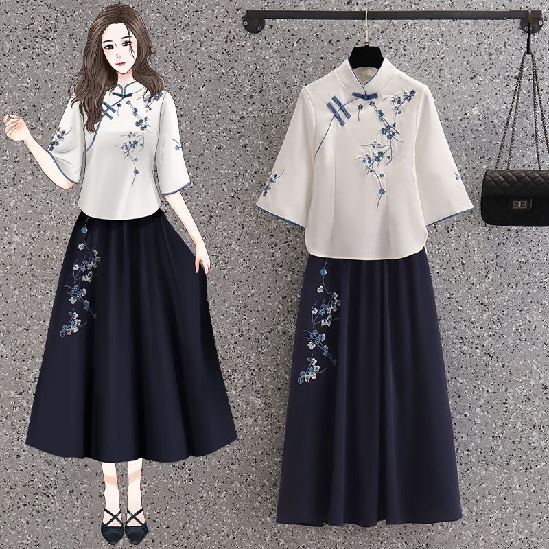 Summer New Large Size Chinese Style Artistic Embroidered Cheongsam Suit Two-Piece Skirt Daily Hanfu Slim Tang Suit Summer New Large Size Chinese Style Artistic Embroidered Cheongsam Suit Two-Piece Skirt Daily Hanfu Slim Tang Suit
