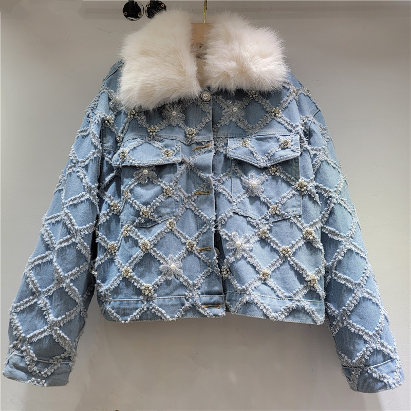 Jacquard diamante denim cristal flor clavos perlas industria pesada acolchado denim abrigo de nicho de diseño de algodón