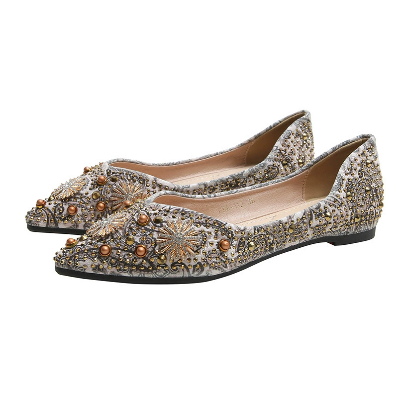 Плоские туфли для женщин, заостренный носок, кабошоны-римские камни на rhinestones, весна–осень 2025, размеры 34–43