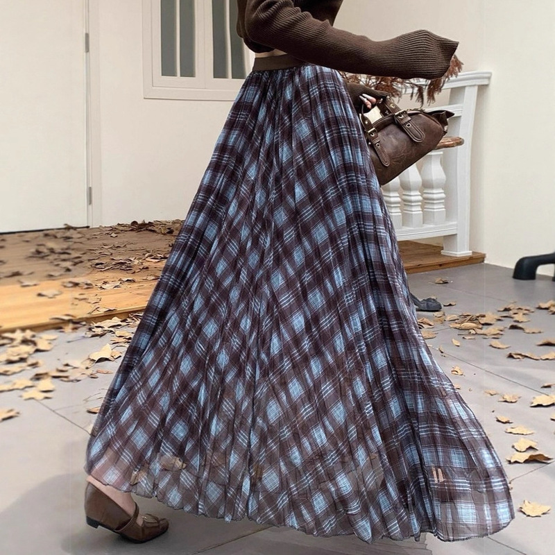 Autumn and Winter Plaid Splicing Large Hem Mesh Skirt Classic Versatile High Waist Slimming Look A-Line Long Skirt for Women