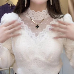 網紗拼接蕾絲打底衫女2025秋冬洋氣內搭小衫百搭加厚加絨保暖上衣