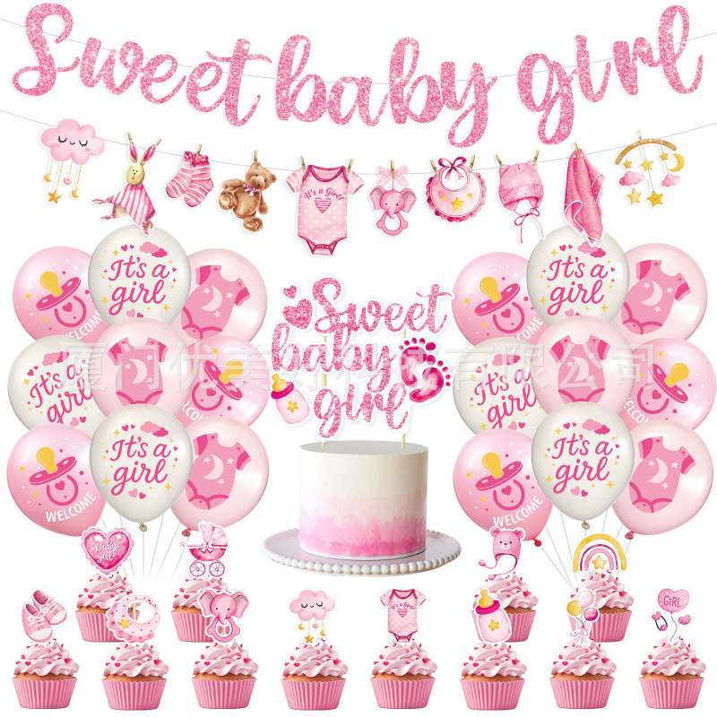 New Pink Baby-Themed Party Decoration Set with Banners, Flags, Balloons, Honeycomb Decorations, and Paper Fans New Pink Baby-Themed Party Decoration Set with Banners, Flags, Balloons, Honeycomb Decorations, and Paper Fans