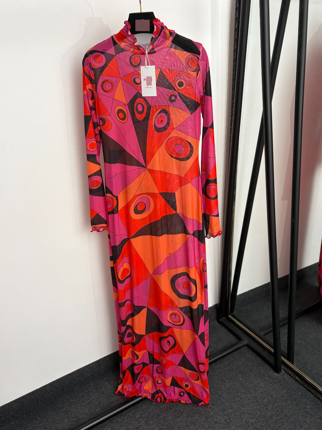 Irregular Color Block Print, Half-High Collar, Slim-Fit Brand Logo Long-Sleeve Dress_ecoleips.com