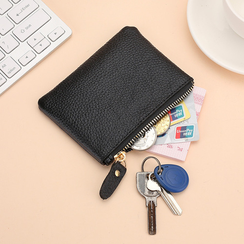 Men and women's leather wallet, soft leather mini coin bag, key storage bag, top grain cowhide zipper small wallet 