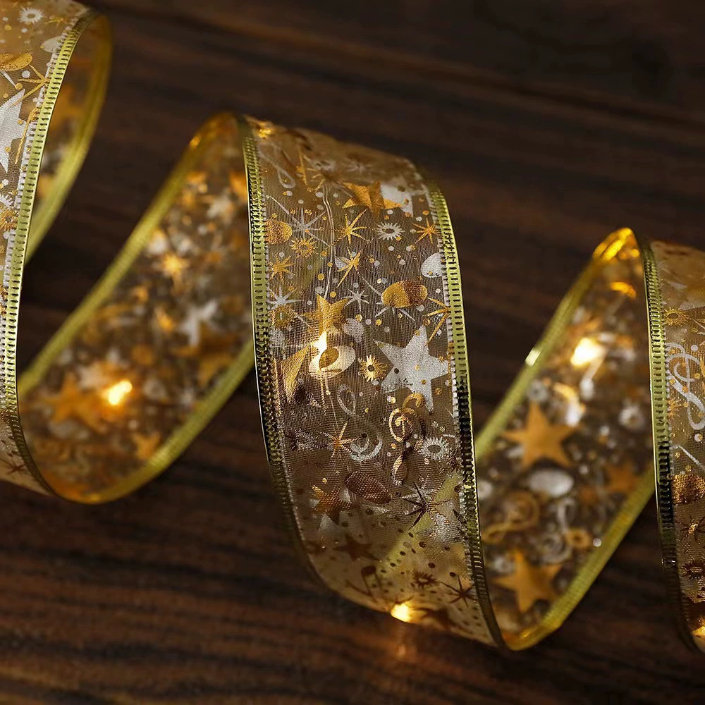 Christmas LED ribbon lights, golden/silver silk, 3.8/5 cm, 1–10 m, battery or remote power options