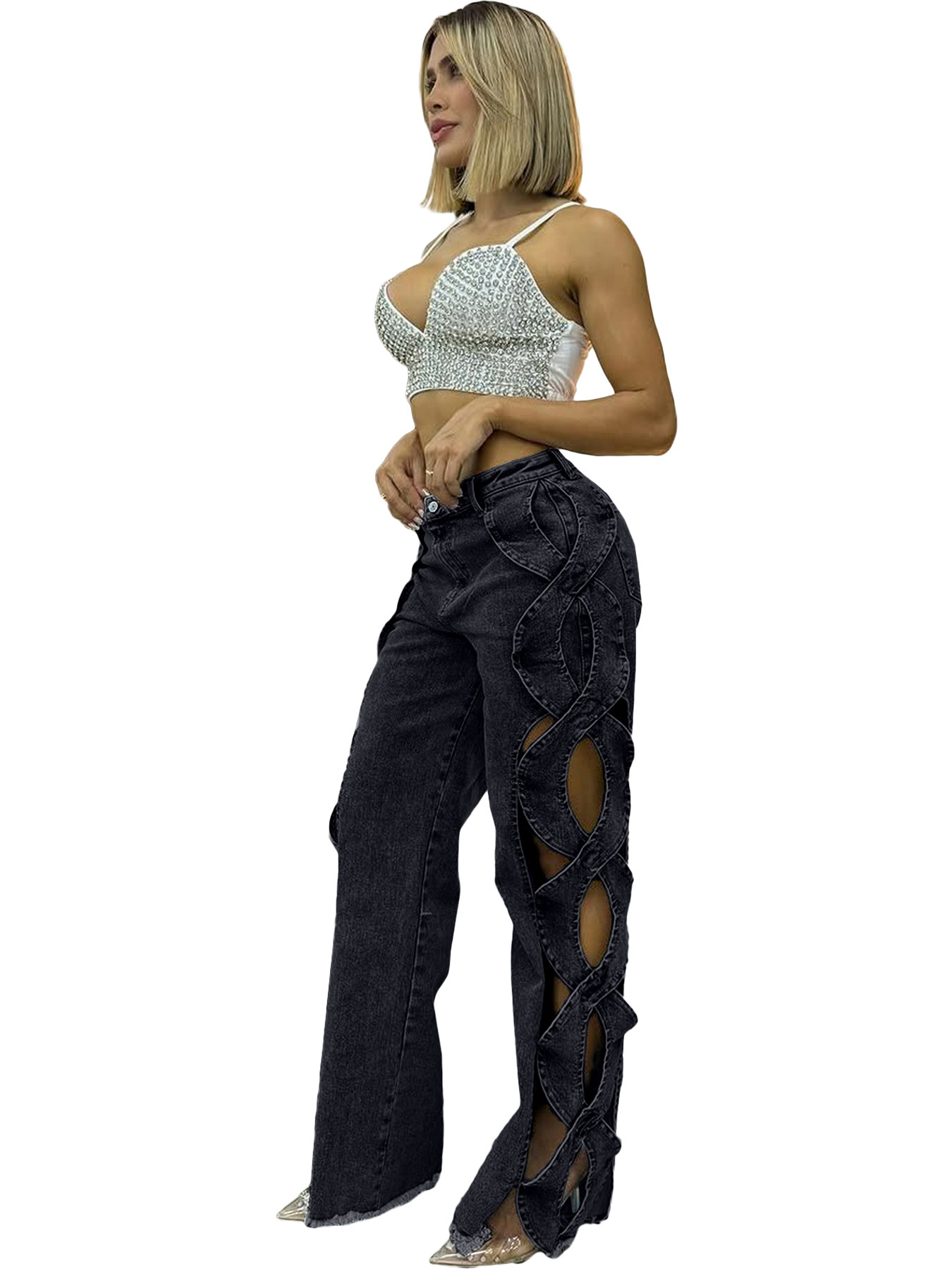 Women's Side Cutout S-Line Denim Pants – Edgy Patchwork Jeans With Distressed Details (Blue/Black-Gray, S-2XL)​_mkmklike.com