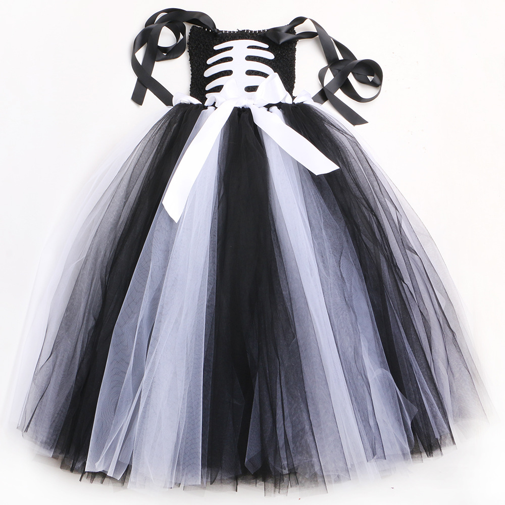 Kinderkleidung Halloween-Kostüm Geisterkleidung Kinder-Skelett-Geisternetz-Puffrock Mädchen-Maskenball-Zombie-Kostüm_voghion.com