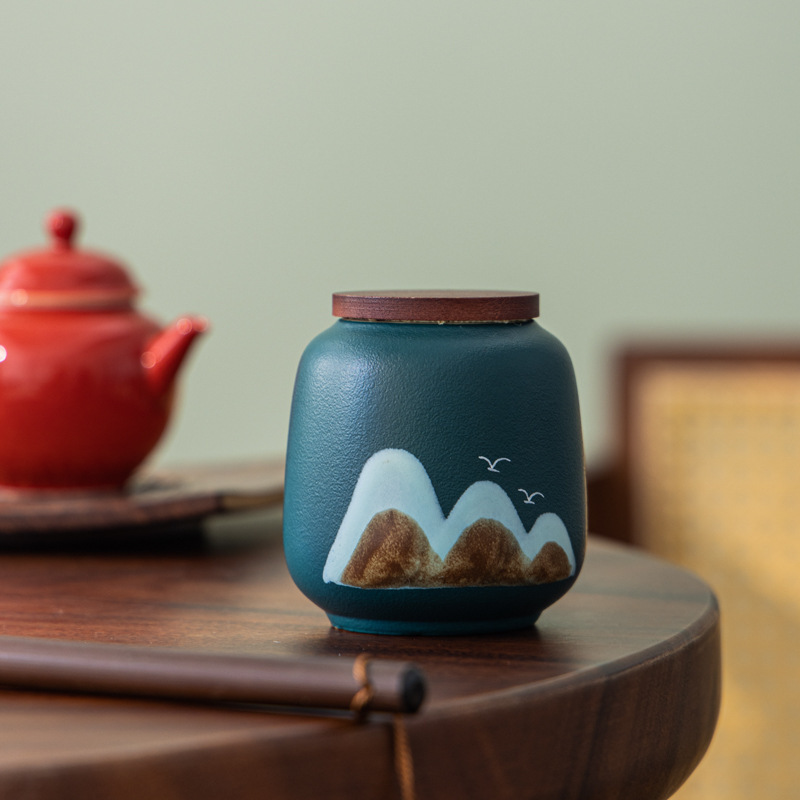 Yuanshan 茶缶木製蓋セラミック密封缶小さな茶包装ギフトポータブル薬用粉末缶カスタムロゴ|undefined