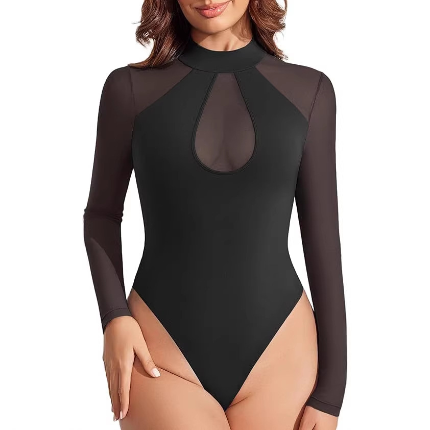 Cross-Border Amazon New Long-Sleeved Bottoming Shirt European and American Style Solid Color Semi-Circular Collar Sexy Mesh Splicing See-Through Jumpsuit