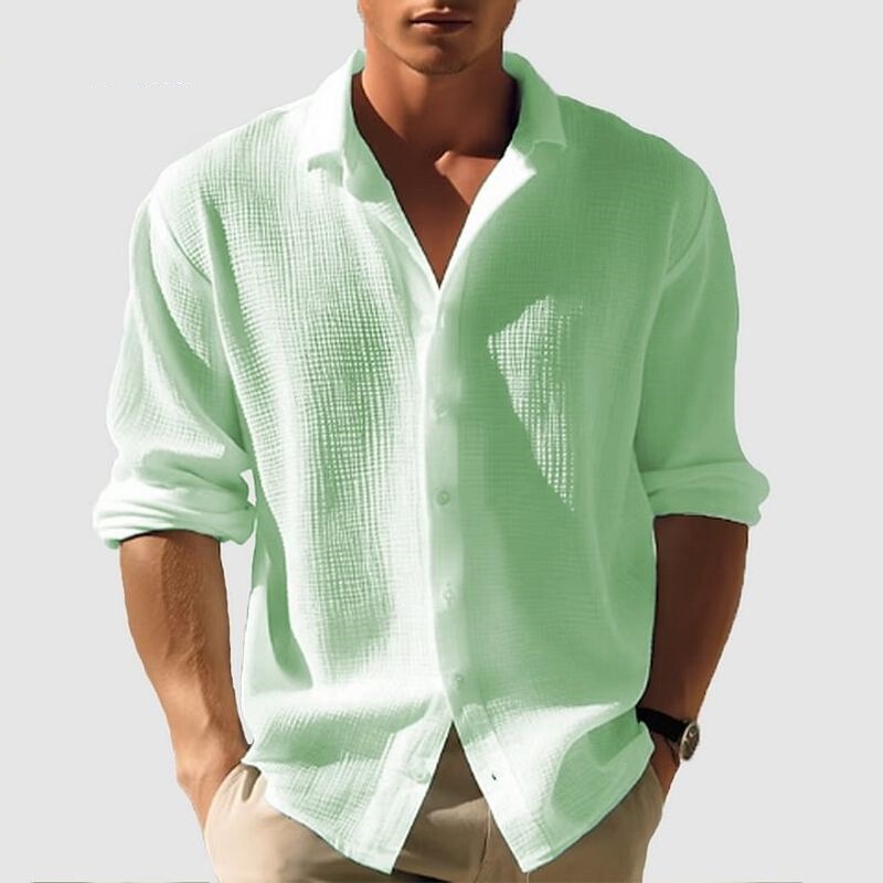 2026 Autumn Cross-Border Men's Solid Color Small Waffle Long Sleeve Single-Breasted Fashion Casual Shirt Streetwear Cardigan