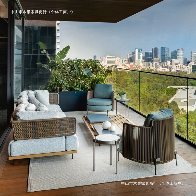 屋外籐ソファ中庭北欧無垢材ガーデンバルコニーレジャーアート籐椅子組み合わせ屋外籐家具|undefined