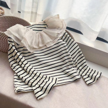 女童韩系春秋新款上衣洋气荷叶边女孩条纹百搭长袖儿童圆领t恤