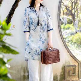 2025夏季棉麻中国风禅意复古中长裙通勤时尚印花上衣女显瘦茶服薄