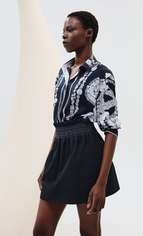Emma's French-Style Heavy Silk Women's Shirt with Twill Fabric, Socialite Belt, Floral Pattern, Long Sleeves, Black