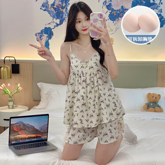 2024 verano nuevo pijama mujer tejido nubes de algodón cinturón cojín de pecho cabina niña dulce y fresco conjunto de ropa para el hogar