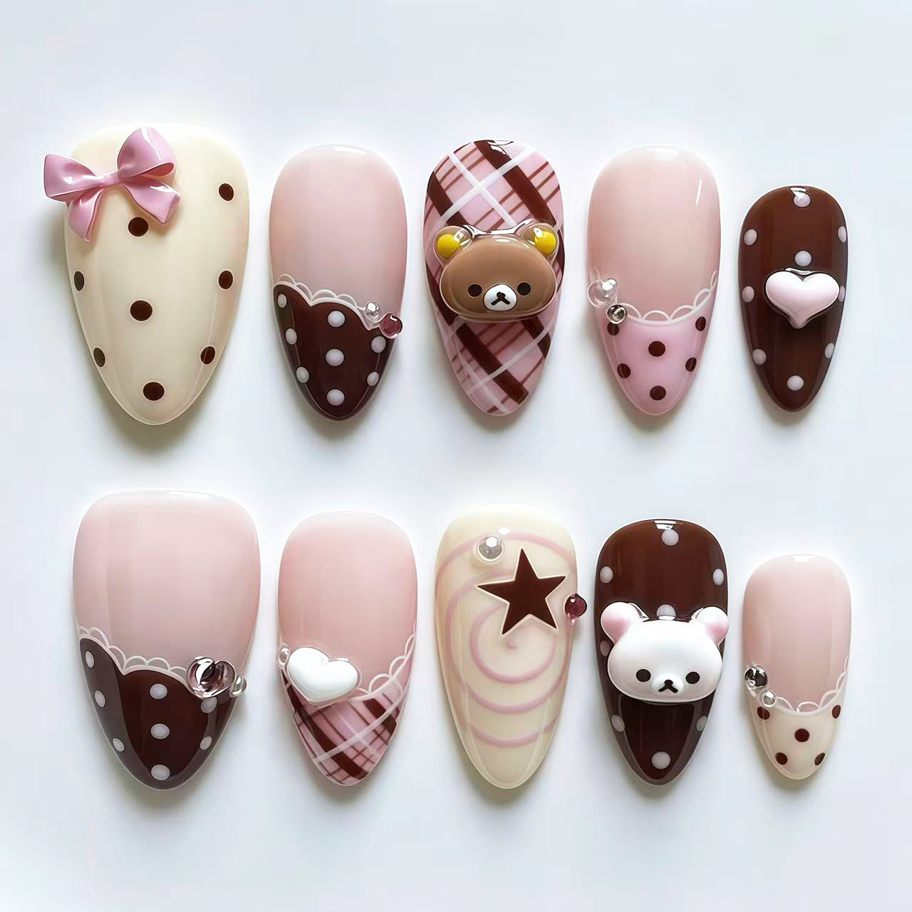 3D Rilakkuma plaid polka dot bowknot press-on nails vintage ins European and American cross-border millennium style nail patches