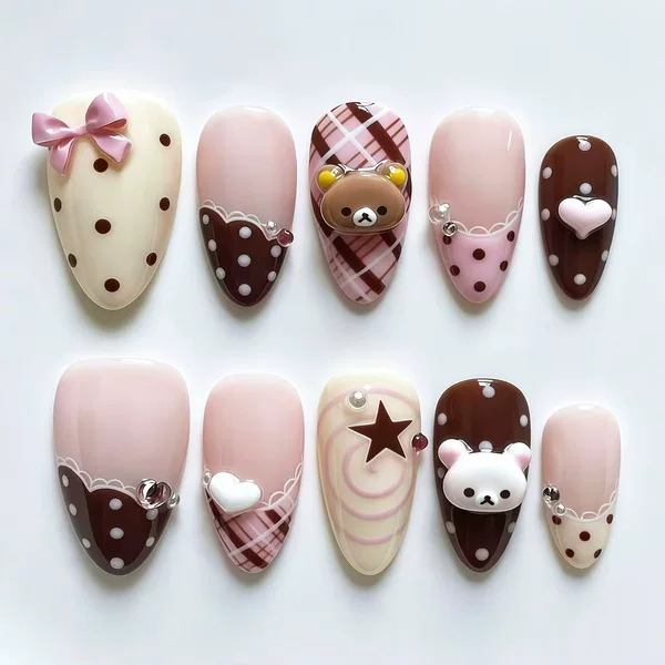 3D Rilakkuma plaid polka dot bowknot press-on nails vintage ins European and American cross-border millennium style nail patches