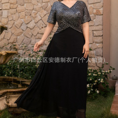 欧米の大きいサイズの婦人服の双vネックのスパンコールはシフォンのワンピースのアマゾンの独立駅の新型の結婚式の花嫁をつなぎ合わせます。