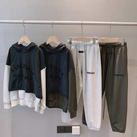 24FW002初秋男女儿童款字母印花拼接撞色假两件套头帽衫长裤套装