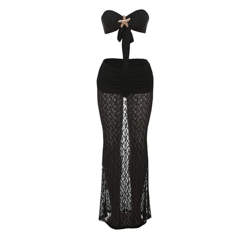 Completo estivo da donna sexy con abito lungo senza spalline in pizzo, due pezzi, tinta unita, stile europeo e americano._voghion.com