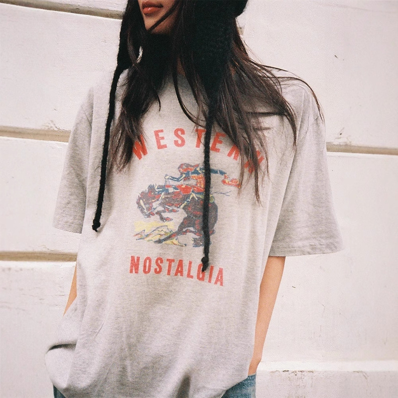 In Stock! 2025 Winter New Retro Western T-Shirt with Creative Design Patterns, Comfortable Cotton Top for Women