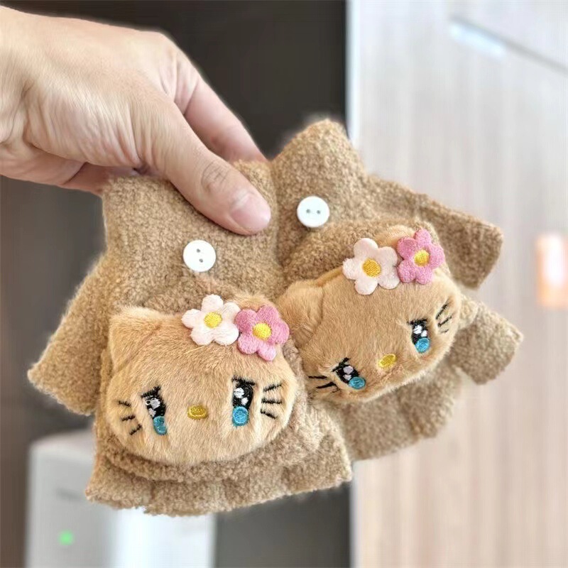 新しい子供用手袋、冬用漫画柄、暖かい裏起毛、男の子と女の子向けのかわいいぬいぐるみ風フリップカバー付きハーフフィンガーライティンググローブ|undefined