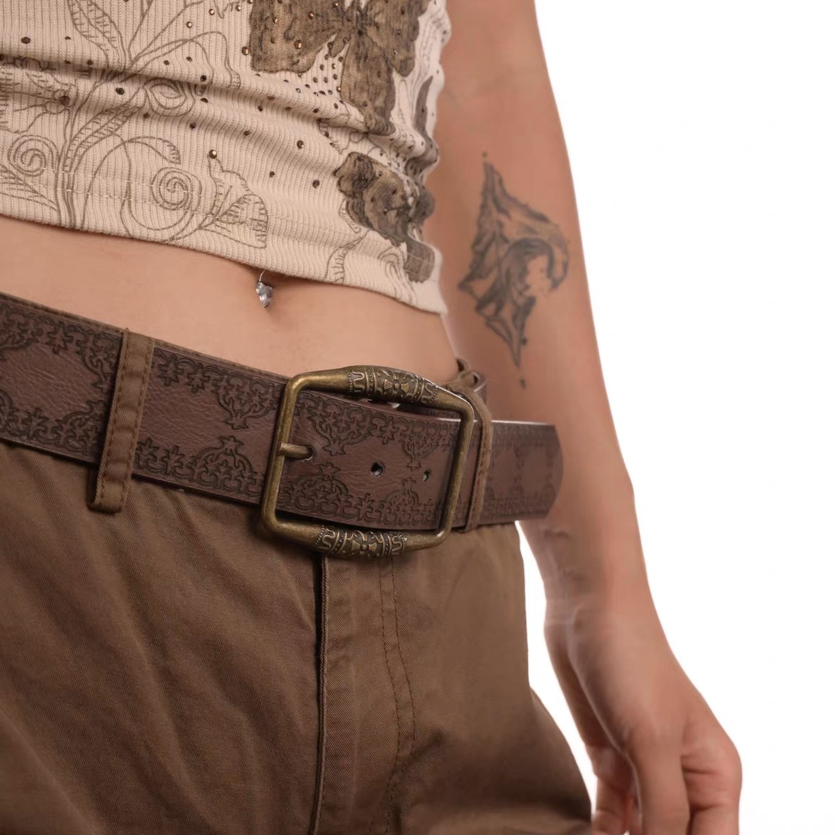 Amerikan tarzı deri kemer erkek bel kemeri y2k kadın yeni model genç kişiler spicy kız etek kombinasyonu antik bakır baskı trend retro kahverengi