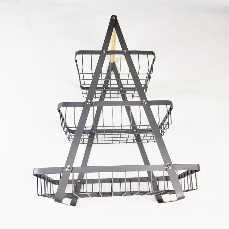 木製ハンドル鉄フルーツバスケット二層三層ポータブルバスケットリビングルームキッチンパンスナック収納バスケット収納ラック|undefined
