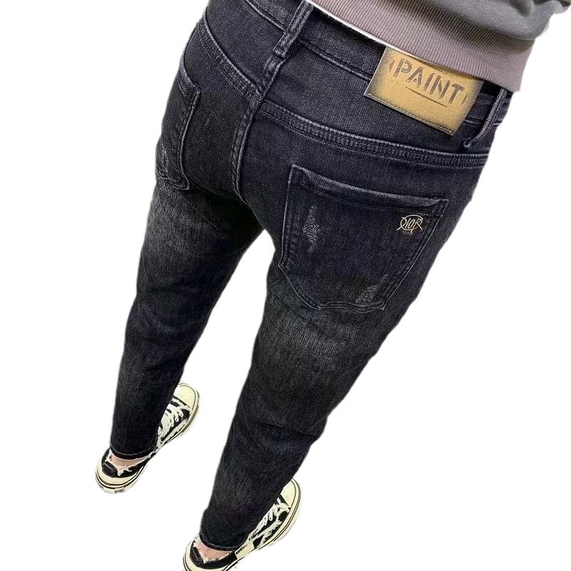 2024 Spring New Black Split Jeans for Men's Slim Fit, Elastic, Versatile Small Feet Pants Trendy_voghion.com