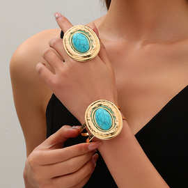 欧美跨境华丽镶嵌蓝松石手镯戒指套装女夸张复古小众女士饰品