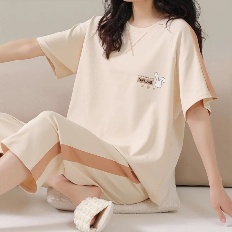 Элитные женские пижамы из чистого хлопка, летний комплект из двух предметов: футболка с коротким рукавом и брюки три четверти, стильная и высококачественная летняя домашняя одежда для женщин.