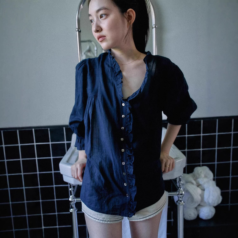 Now Available: Viapl* Ruffled Shirt with Pleated V-Neck, Korean Designer Women's Clothing, Pure Cotton Lace Collar, Korean-Style Shirt