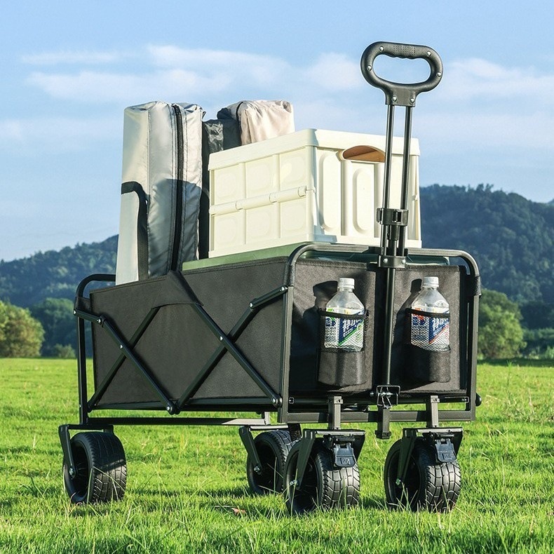 Camping Cart Outdoor Folding Trolley with Pull Rod, Collapsible Cart for Setting up Stalls, Openable Rear Picnic Camp Cart
