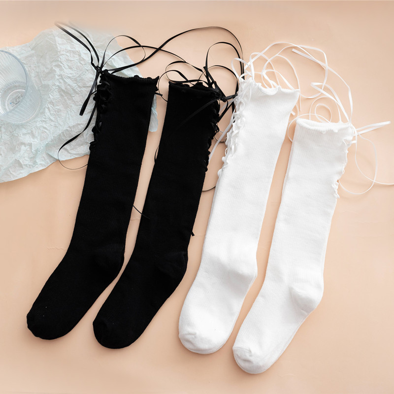 Calcetines con cordones de mujer delanteros y traseros Negro Blanco JK calcetines de media pantorrilla estilo universitario sexy calcetines de pantorrilla de moda con forma de pierna