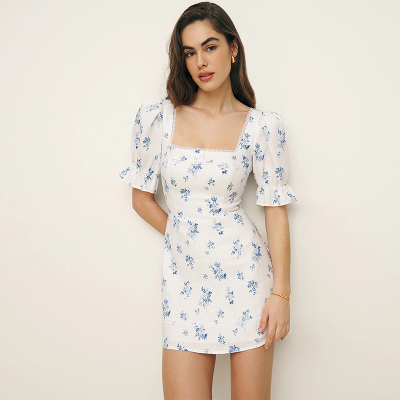 Spot 637 Zhixiu Star's Same Style Spring and Summer 2024 Square Collar Linen Waist A-Line Short Dress Pure Desire French Style
