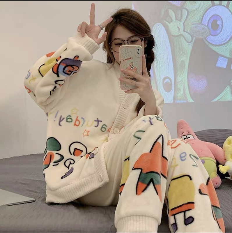珊瑚绒睡衣女秋冬新款法兰绒可爱时尚长款家居服圆领长袖长裤套装|undefined