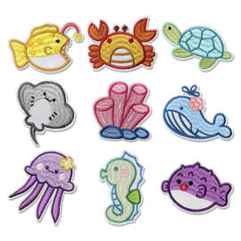电脑刺绣卡通海洋生物布贴螃蟹珊瑚鲸鱼章鱼服装辅料修补漏洞补丁