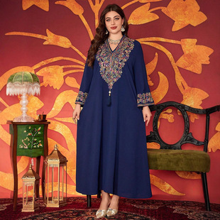 Kyp1852 Cross-Border Muslim Middle Eastern Arabian Large Size Dress Sequin Rope Embroidered Elegant Loose Evening Dress