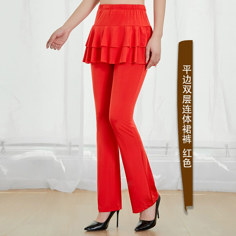 Dance Pants Plaza Latin Dance Skirt-Pants, Ruffled Overlay & Flared Leg, Sizes M–4XL